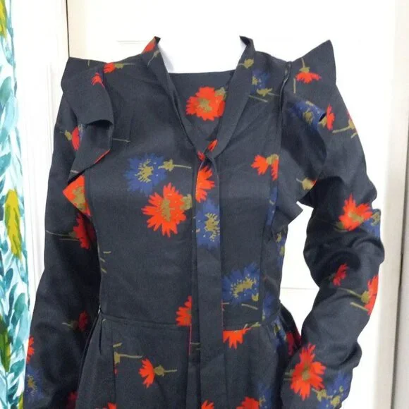 Weekend Black Floral Whimsy Goth Floral Twee Long Sleeve Dress S With Ruffle - Picture 5 of 13